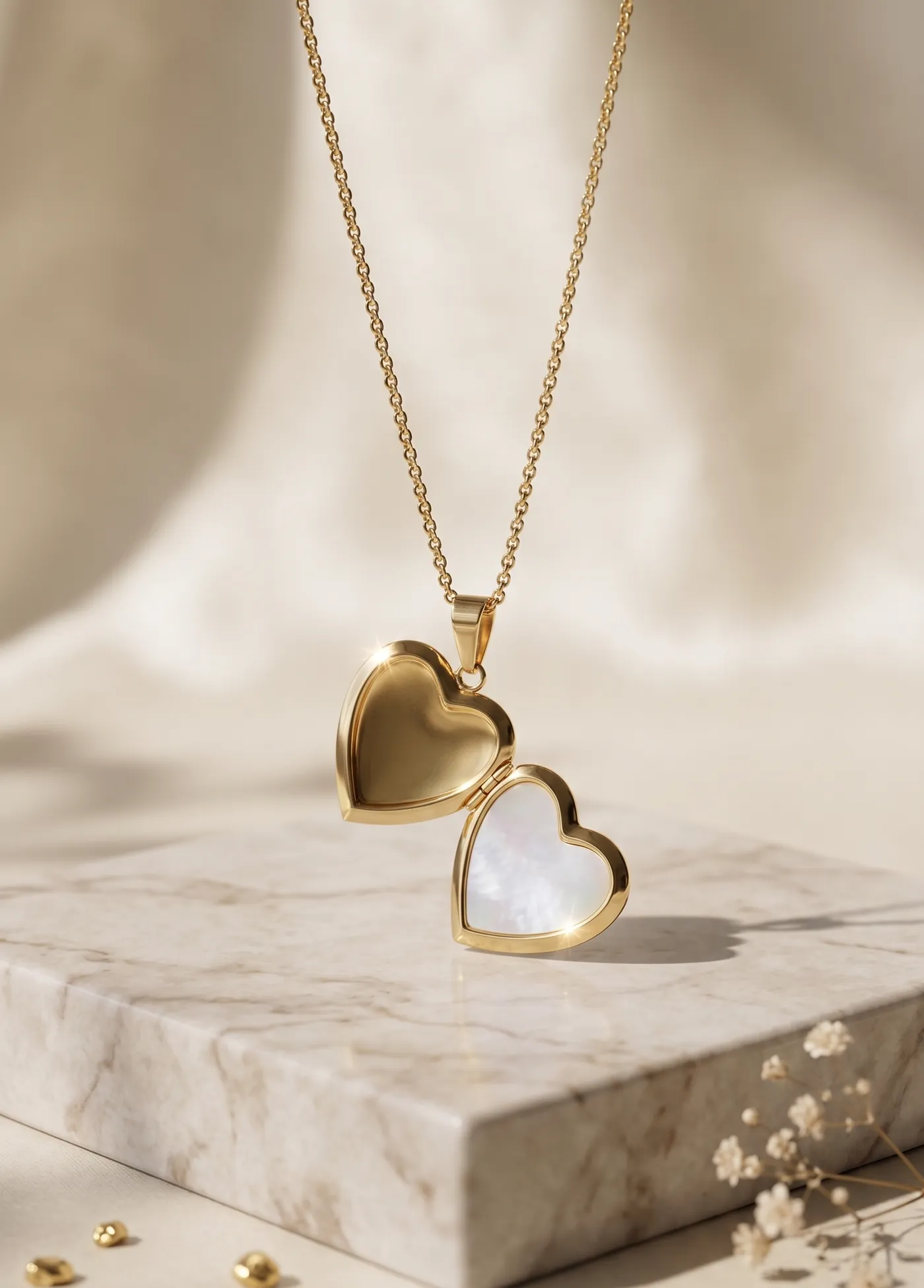 Golden Mother-of-Pearl heart Pendant Chain (Openable Locket)